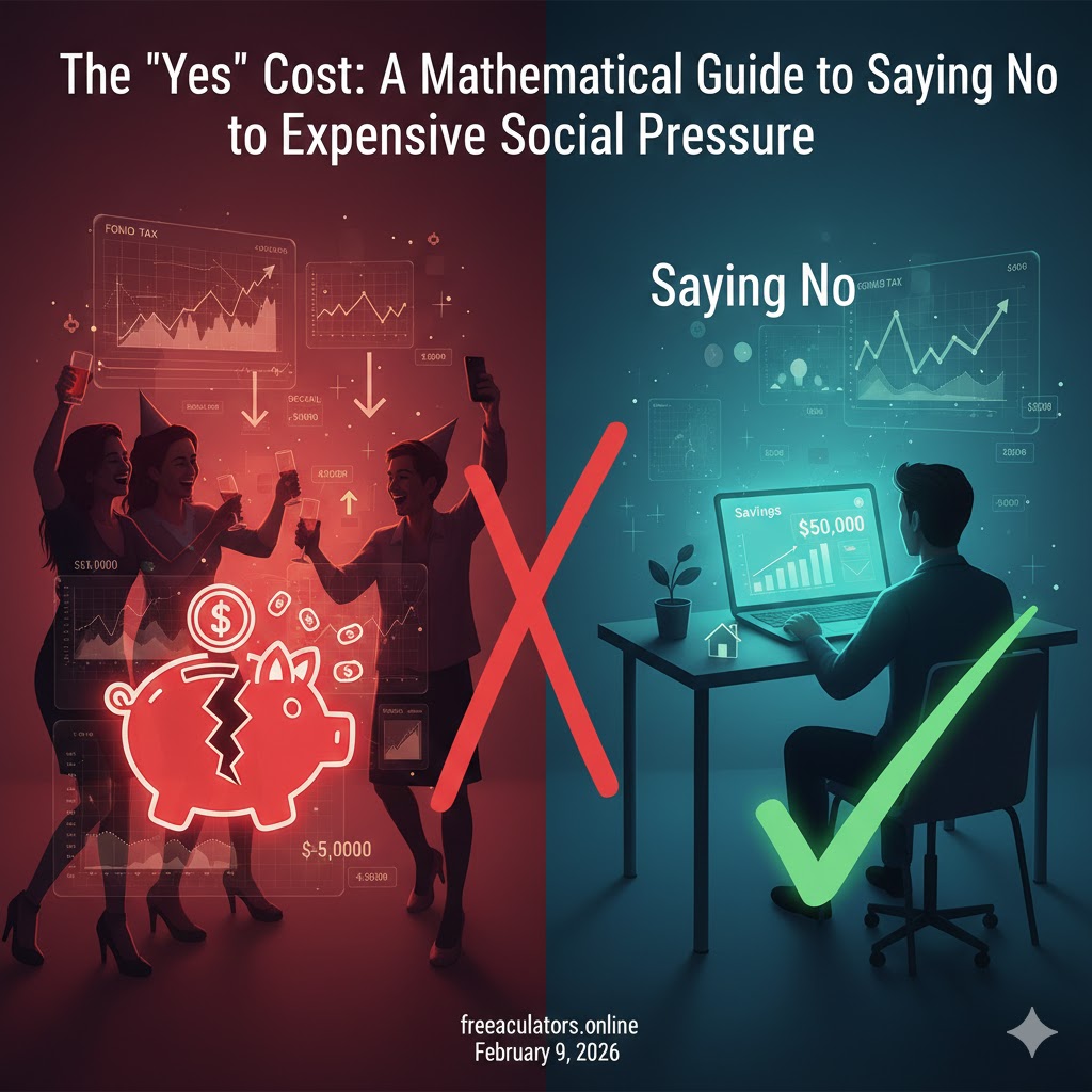 A split-screen comparison showing the financial impact of social pressure: on the left, a broken piggy bank during a party (red), and on the right, a man seeing his growing savings on a laptop after saying no (green).