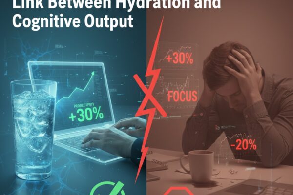 A side-by-side comparison showing a productive workspace with a glass of water on the left (blue/green theme) and a stressed worker with a coffee cup and brain fog on the right (red theme).