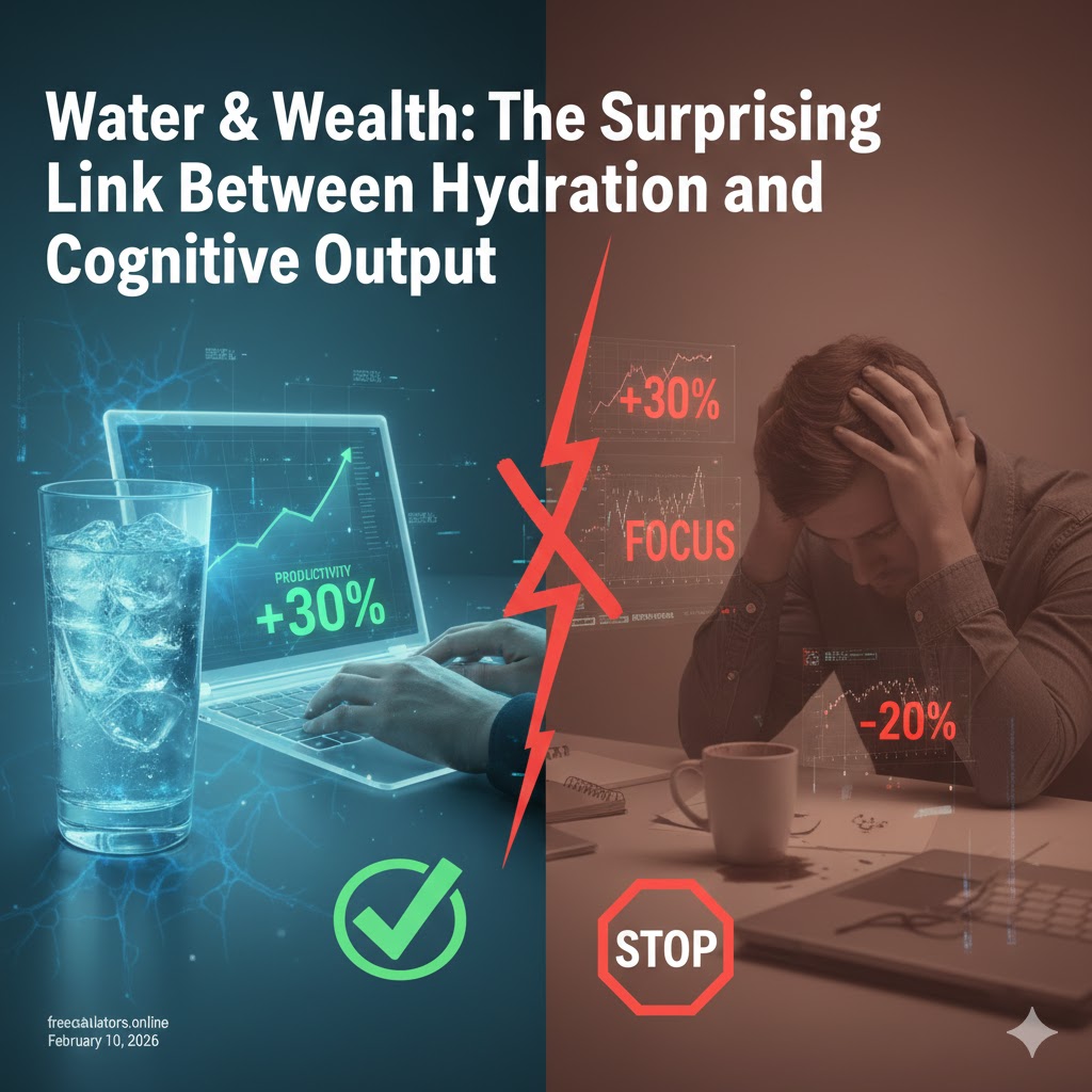 A side-by-side comparison showing a productive workspace with a glass of water on the left (blue/green theme) and a stressed worker with a coffee cup and brain fog on the right (red theme).