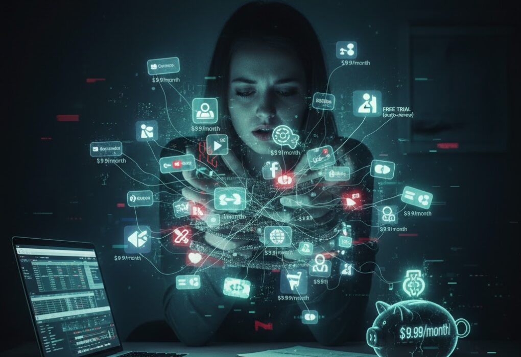 A professional-looking custom graphic for frecalculators.online showing a woman overwhelmed by a glowing web of subscription icons and "Zombie Bills" to represent the "Subscription Suffocation" financial crisis.