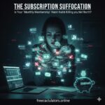 A professional-looking custom graphic for frecalculators.online showing a woman overwhelmed by a glowing web of subscription icons and "Zombie Bills" to represent the "Subscription Suffocation" financial crisis.