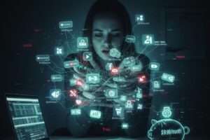 A professional-looking custom graphic for frecalculators.online showing a woman overwhelmed by a glowing web of subscription icons and "Zombie Bills" to represent the "Subscription Suffocation" financial crisis.