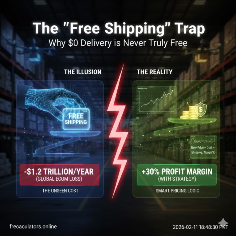 A high-tech infographic showing the contrast between "The Illusion" of free shipping (digital hand on a scale) and "The Reality" of smart pricing logic (coins and margin growth) in a dark warehouse setting