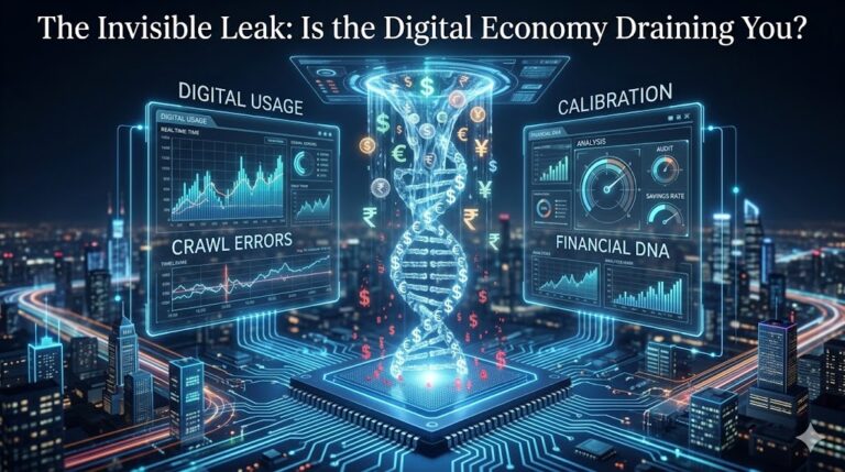 Futuristic digital dashboard showing "The Invisible Leak" in the digital economy with currency DNA and financial data charts.