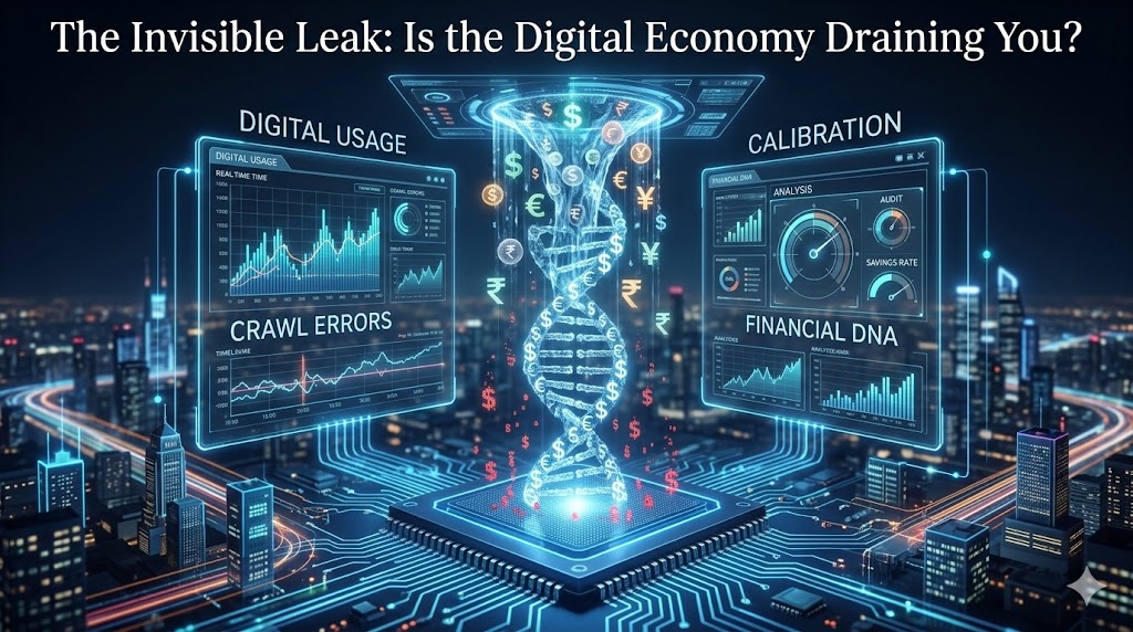 Futuristic digital dashboard showing "The Invisible Leak" in the digital economy with currency DNA and financial data charts.