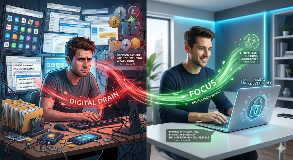 Comparison of a person stressed by digital clutter vs. a focused individual in a minimalist 2026 workspace.