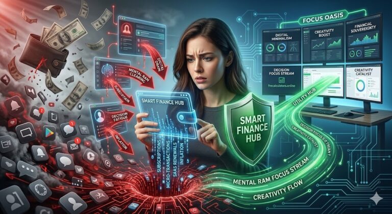 A visual of "Digital Leakage" in 2026, showing a woman’s financial dashboard losing money to automated subscriptions while a "Smart Finance Hub" shield protects her wealth.