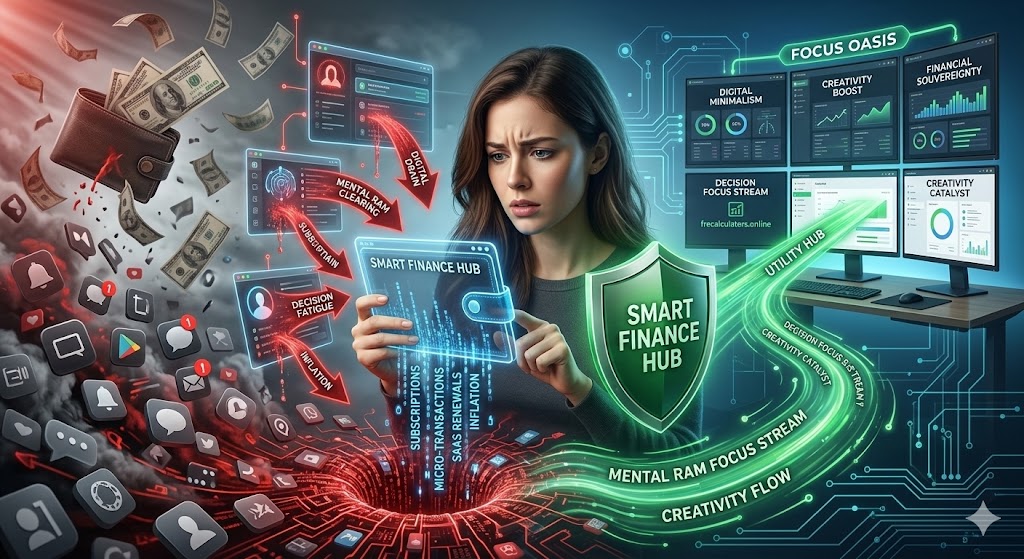 A visual of "Digital Leakage" in 2026, showing a woman’s financial dashboard losing money to automated subscriptions while a "Smart Finance Hub" shield protects her wealth.