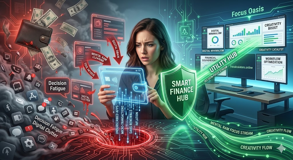 A woman interacts with a 'Smart Finance Hub' screen that is leaking data streams (subscriptions, micro-transactions) into a chaotic red drain, visualizing Digital Wealth Leakage in 2026.